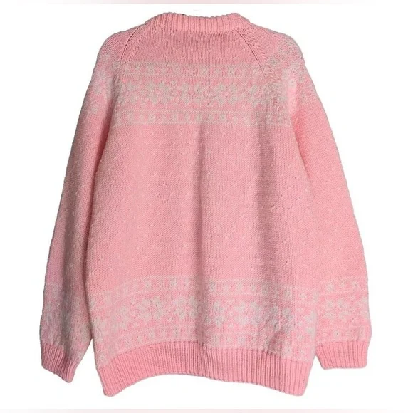 Vintage Handknit Barbie Pink White Fairisle Fall Winter Oversized Cozy Sweater - Picture 2 of 9